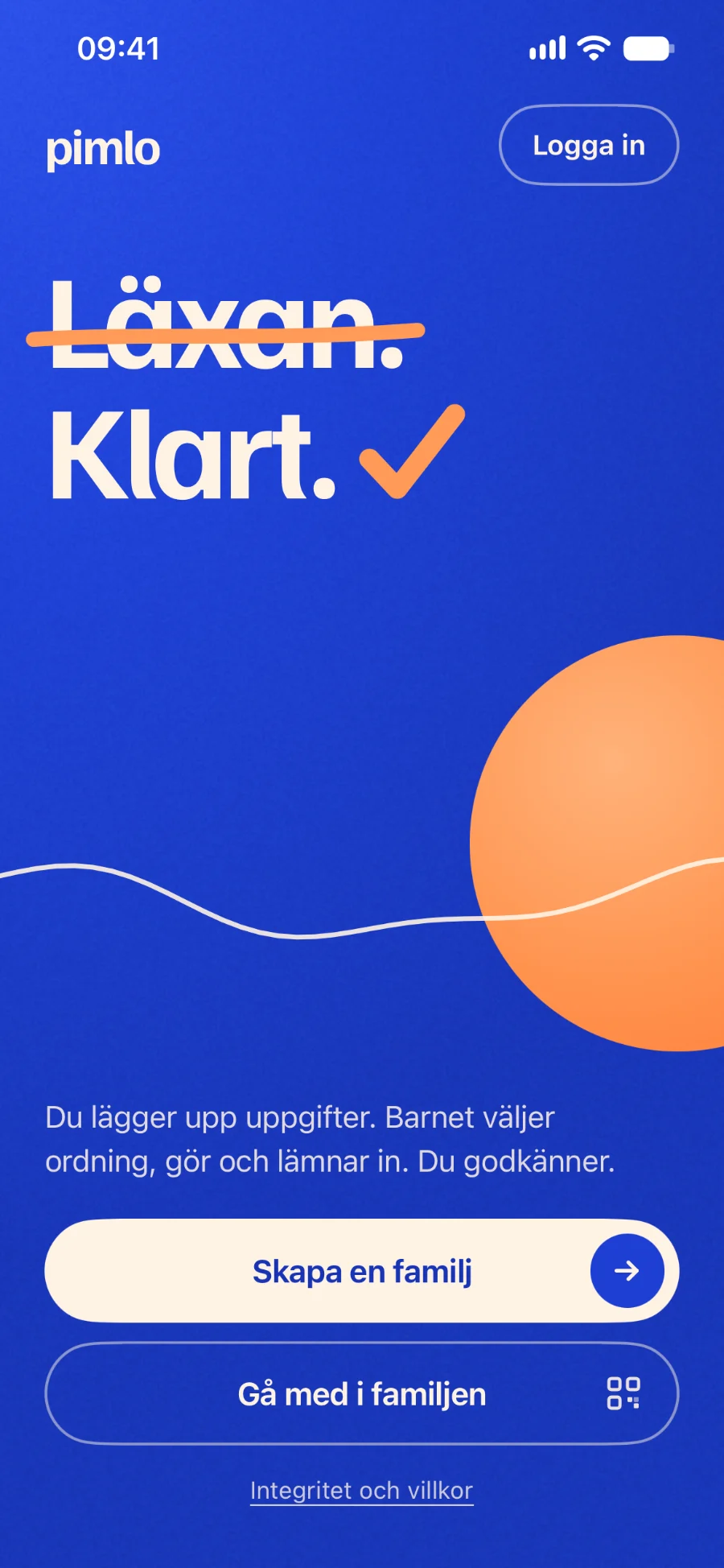 Välkomstvyn i Pimlo: pennan har strukit över Läxan., och en bock står efter Klart.